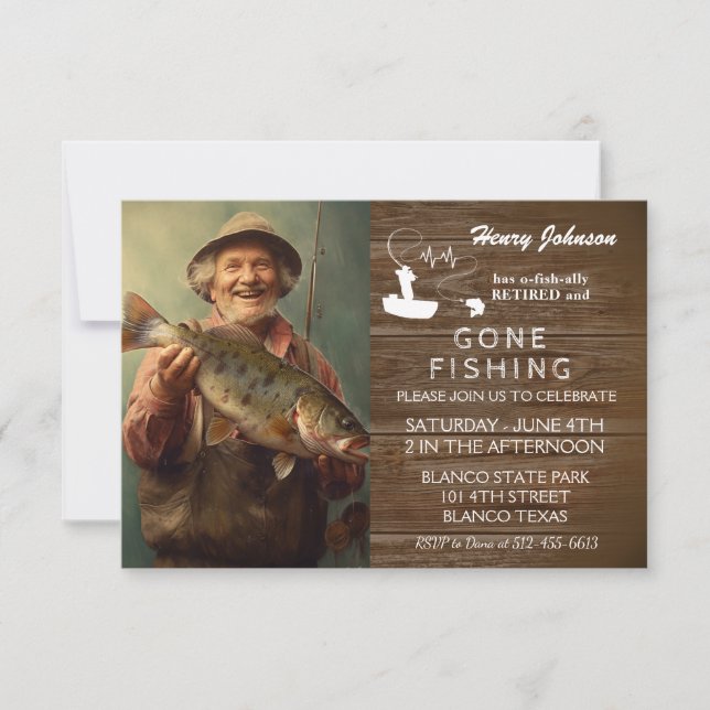 Modern Custom Photo Gone Fishing Retirement Invite (Front)