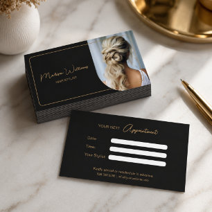 Modern Custom Photo Hair Stylist Black and Gold Appointment Card