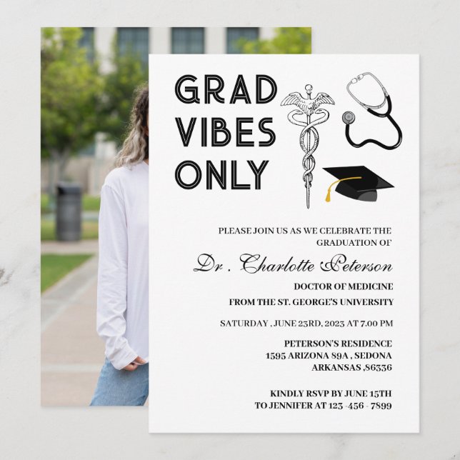 Modern Custom Photo Medical Doctor Graduation  Invitation (Front/Back)