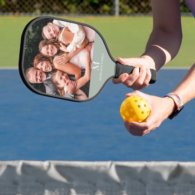 Modern custom Photo Monogram Name Sage Green Pickleball Paddle (Insitu)