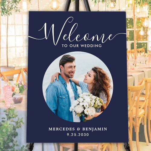 Modern Custom Photo Navy Blue Wedding Welcome Foam Board