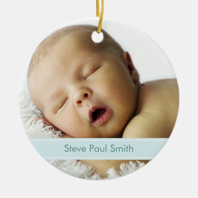 Modern Custom Photo New Baby Birth Keepsake Ceramic Ornament (Front)