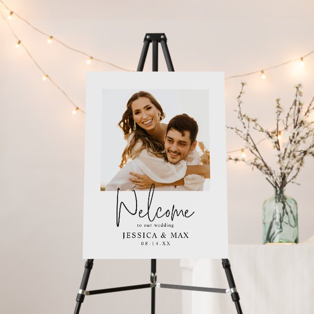 Modern Custom Photo Script Wedding Welcome Sign (In Situ (Stand))