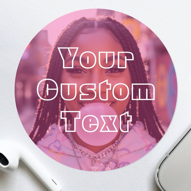 Modern Custom Photo Text Retro Pink Classic Round Sticker (Creator Uploaded)