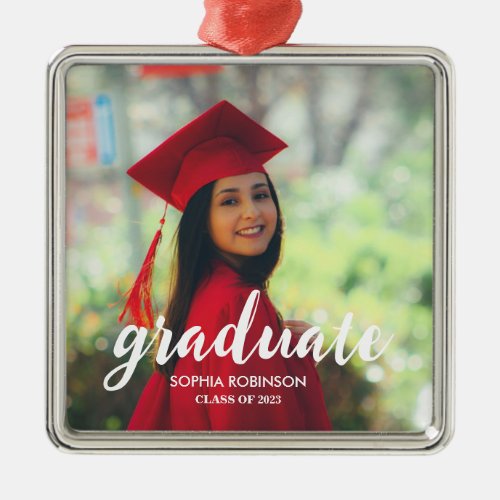 Modern Custom Photo White Script Graduation   Metal Ornament