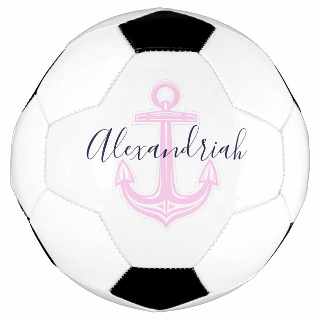 Modern Custom Pink  Navy Nautical  Anchor Soccer Ball (Front)