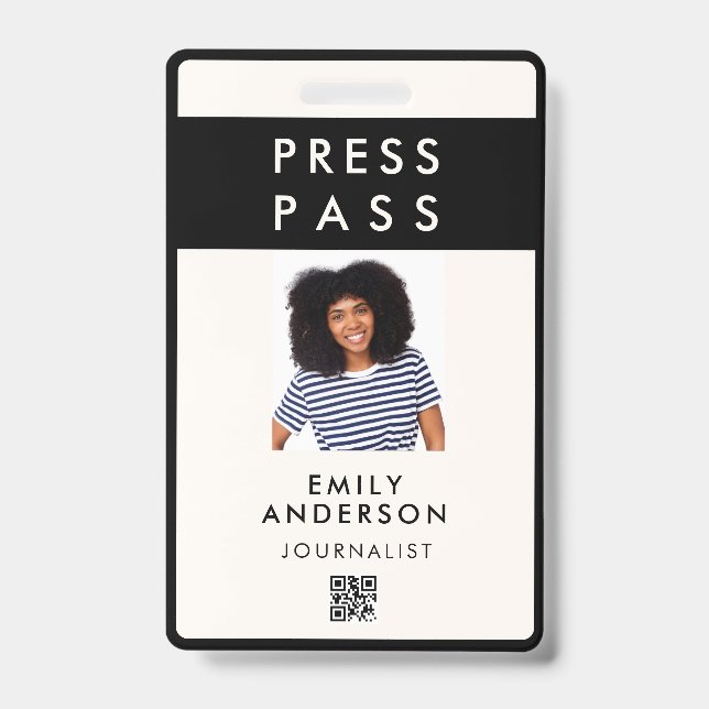 Modern Custom Press Pass Photo ID Logo QR Code Badge (Front)