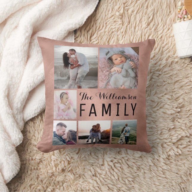 Modern Custom Rose Gold White Family Photo Collage Throw Pillow (Blanket)