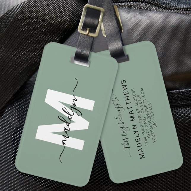 Modern Custom Sage Green Monogram Name Luggage Tag (Modern Custom Sage Green Monogram Name Luggage Tag)