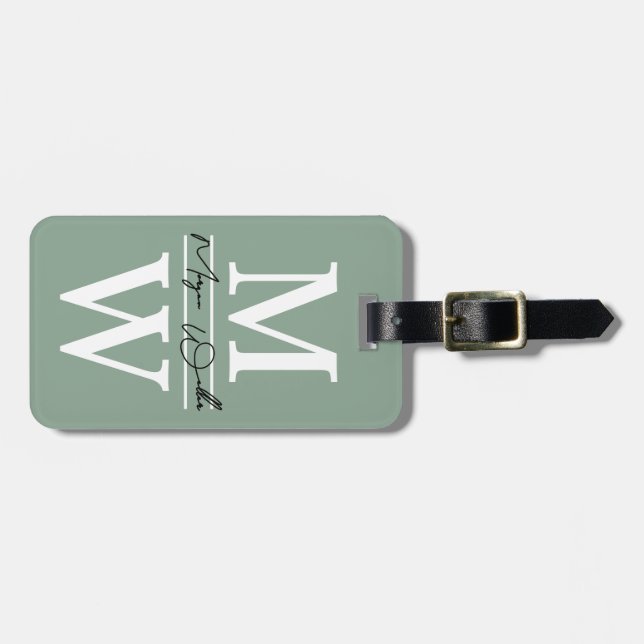 Modern Custom Sage Green Monogram Name Luggage Tag (Front Horizontal)