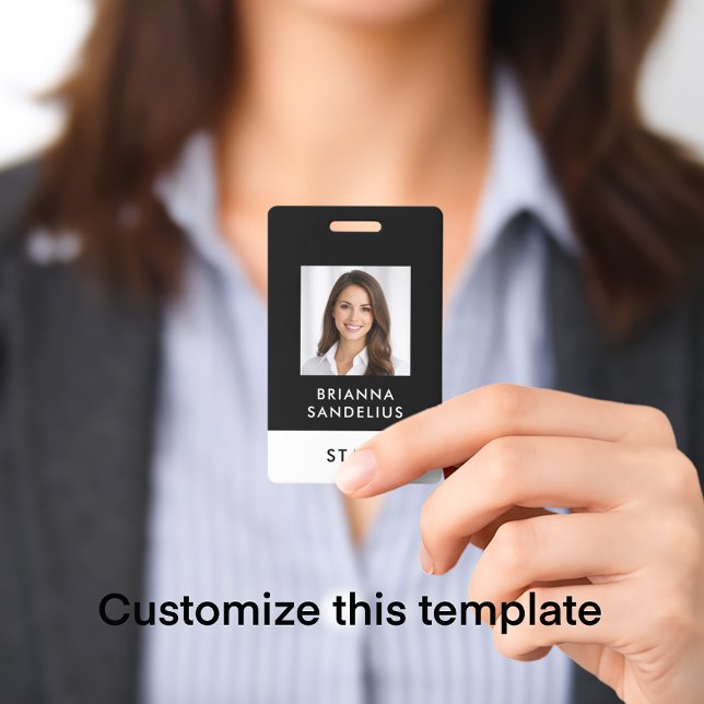 Modern Custom Script Black & White Photo ID Name Badge (Personalize this ID badge template with your photo and name and custom text. Modern black & white.
)