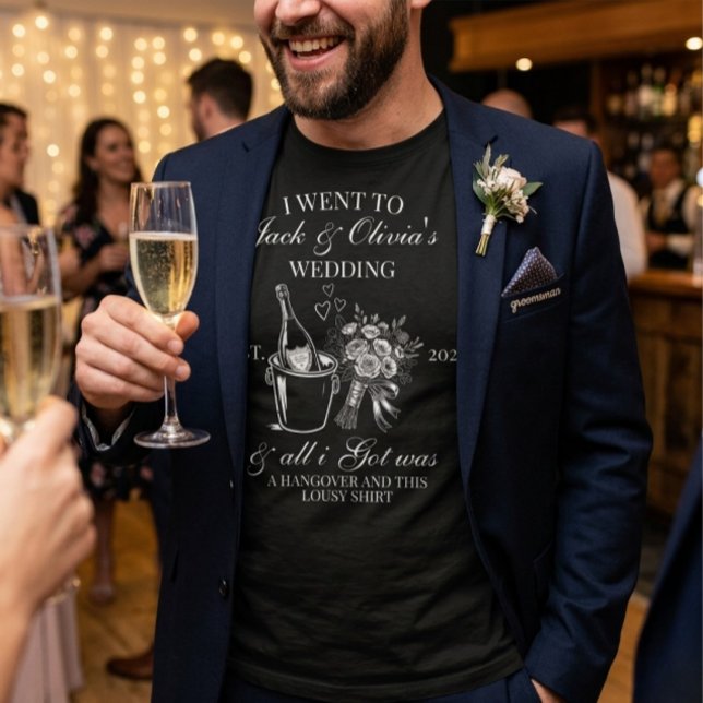 Modern Custom Simple Wedding Couple | White Text T-Shirt (Modern wedding couple name groomsman t-shirt )