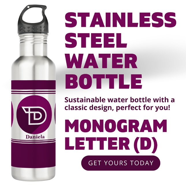 Modern Custom Stylish Name Monogram Letter (D) Stainless Steel Water Bottle (Creator Uploaded)
