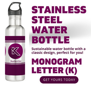Modern Custom Stylish Name Monogram Letter (K) Stainless Steel Water Bottle