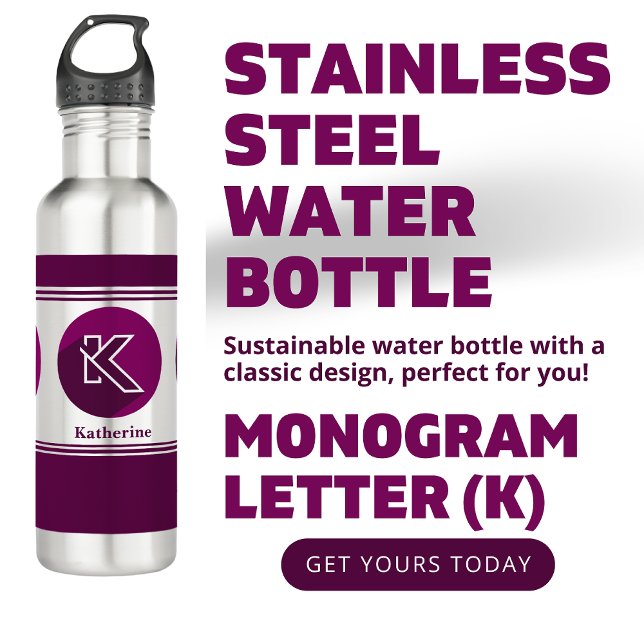 Modern Custom Stylish Name Monogram Letter (K) Stainless Steel Water Bottle (Creator Uploaded)
