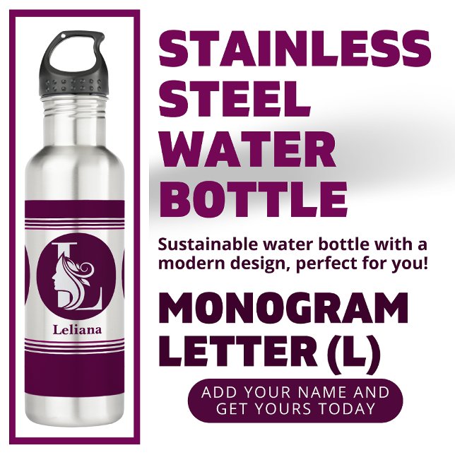 Modern Custom Stylish Name Monogram Letter ( L ) Stainless Steel Water Bottle (Creator Uploaded)