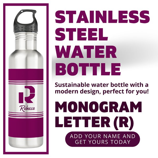 Modern Custom Stylish Name Monogram Letter (R) Stainless Steel Water Bottle (Creator Uploaded)