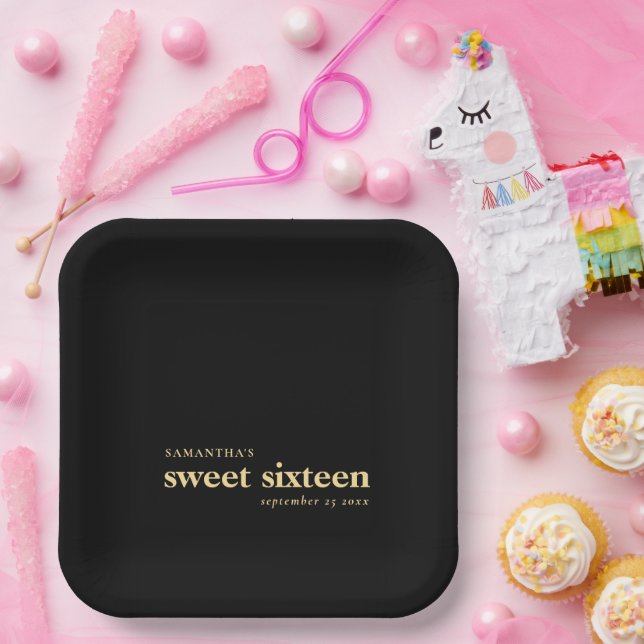 Modern Custom Sweet Sixteen Name Gold Black Paper Plates (Party)
