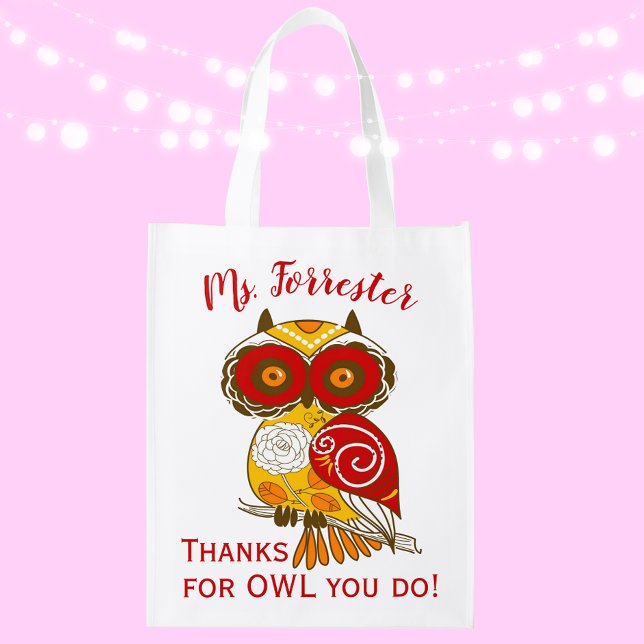 Modern Custom Teacher Appreciation Owl Grocery Bag (Creator Uploaded)
