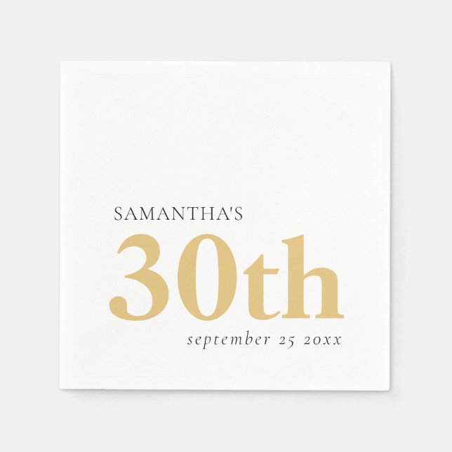 Modern Custom Text Black Gold 30th Name Date  Napkins (Front)