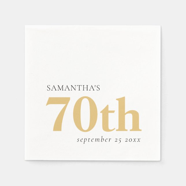 Modern Custom Text Black Gold 70th Name Date Napkins (Front)