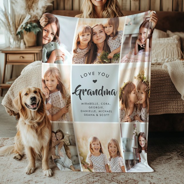 Modern CUSTOM TEXT Family Grandma Photo Collage Fleece Blanket (Creator Uploaded)