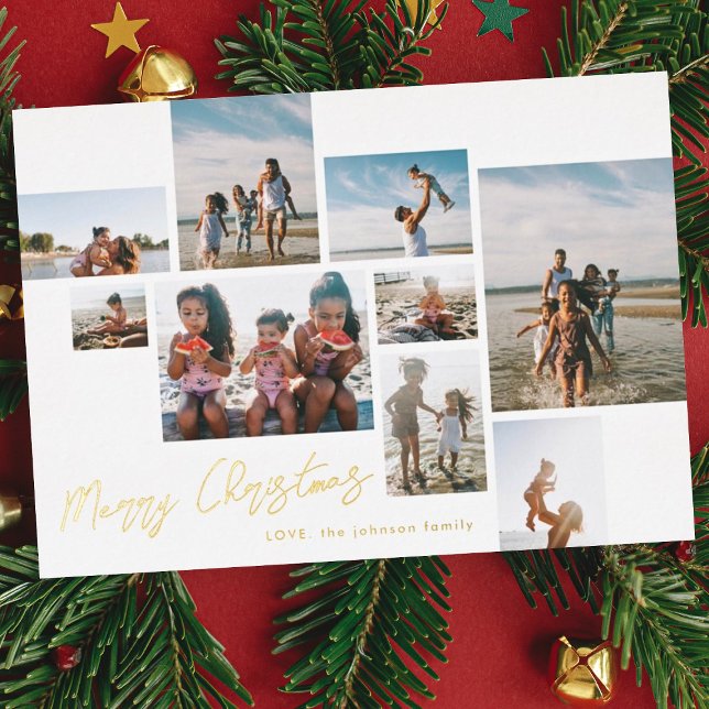 Modern Custom Text Gold Merry Christmas Collage Foil Holiday Card (Creator Uploaded)