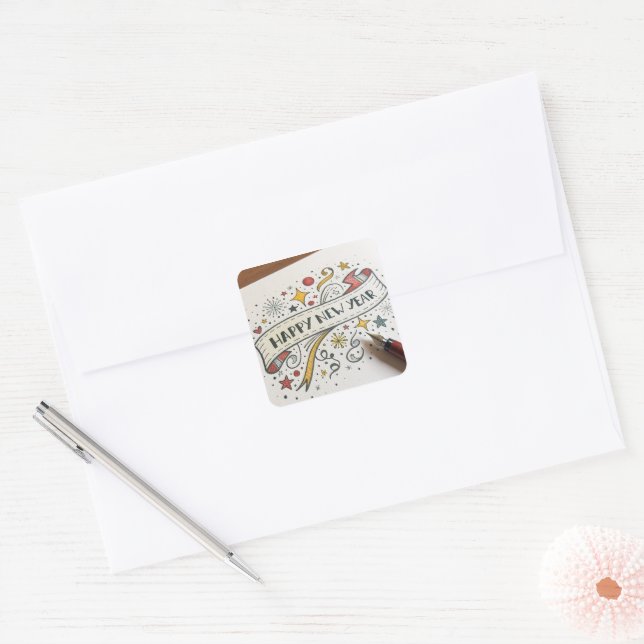 Modern Custom Text Happy New Years Square Sticker (Envelope)