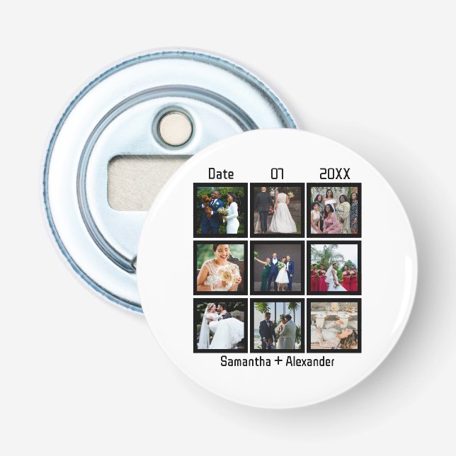 Modern Custom Wedding Anniversary 9 Photo Collage Bottle Opener (Front)