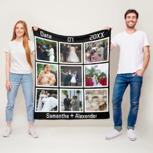 Modern Custom Wedding Anniversary 9 Photo Collage Fleece Blanket