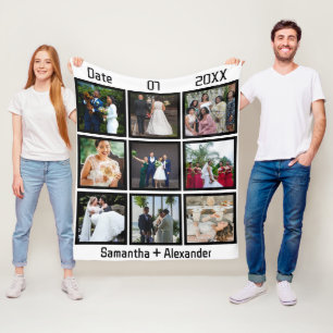 Modern Custom Wedding Anniversary 9 Photo Collage Fleece Blanket