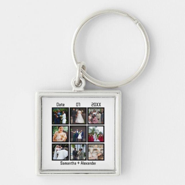 Modern Custom Wedding Anniversary 9 Photo Collage Keychain (Front)