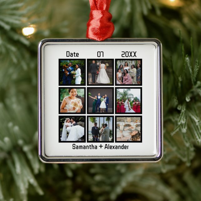 Modern Custom Wedding Anniversary 9 Photo Collage Metal Ornament (Tree)