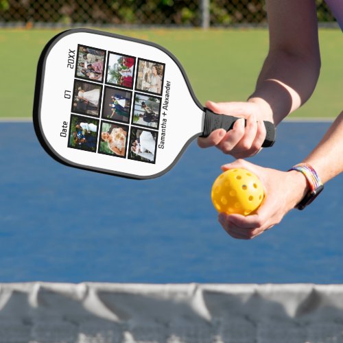 Modern Custom Wedding Anniversary 9 Photo Collage Pickleball Paddle