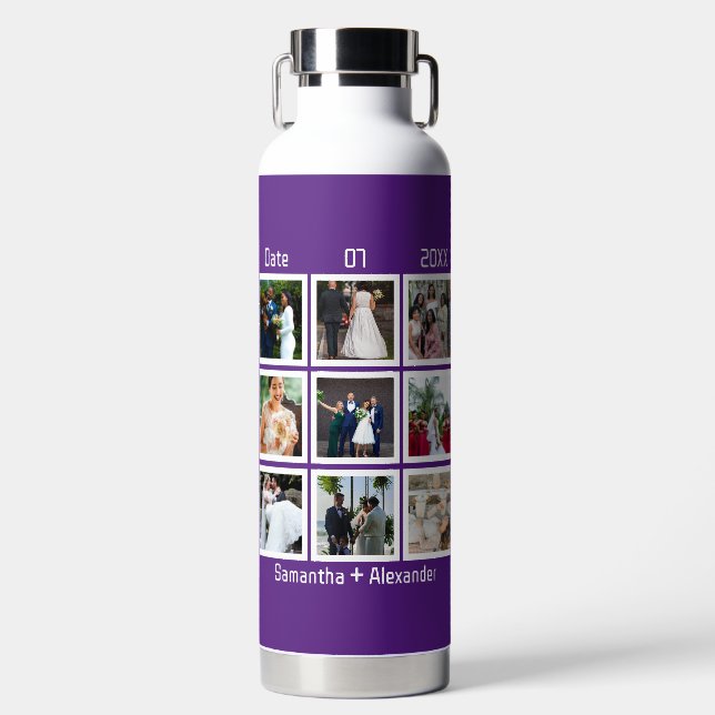 Modern Custom Wedding Anniversary 9 Photo Collage Water Bottle (Front)