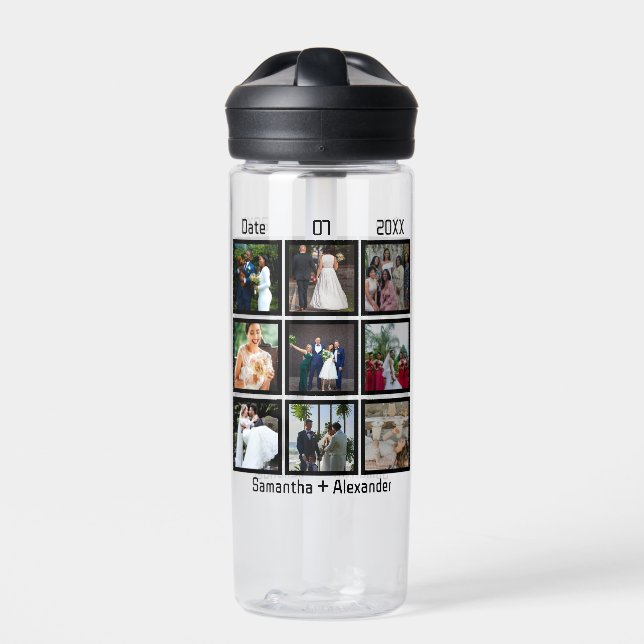 Modern Custom Wedding Anniversary 9 Photo Collage Water Bottle (Front)