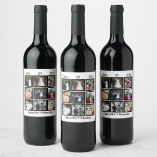 Modern Custom Wedding Anniversary 9 Photo Collage Wine Label