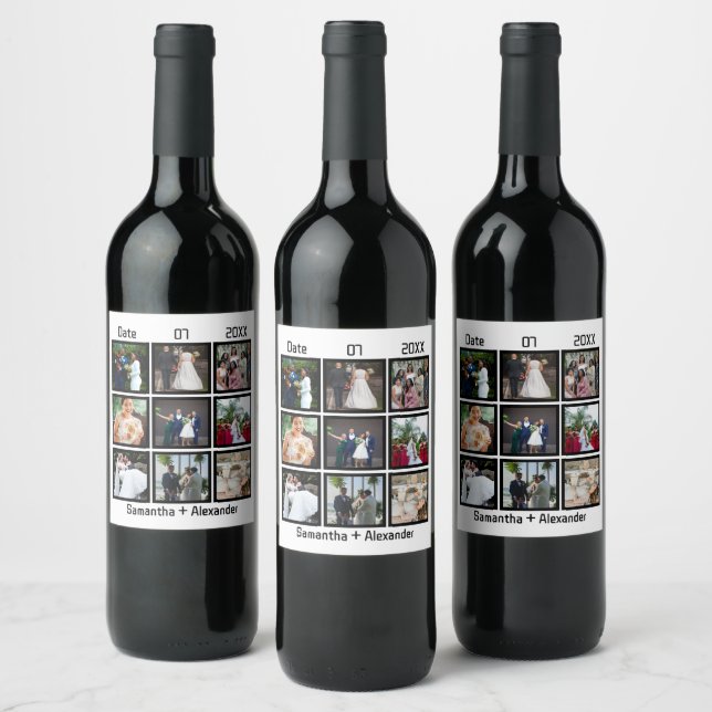 Modern Custom Wedding Anniversary 9 Photo Collage Wine Label (Bottles)