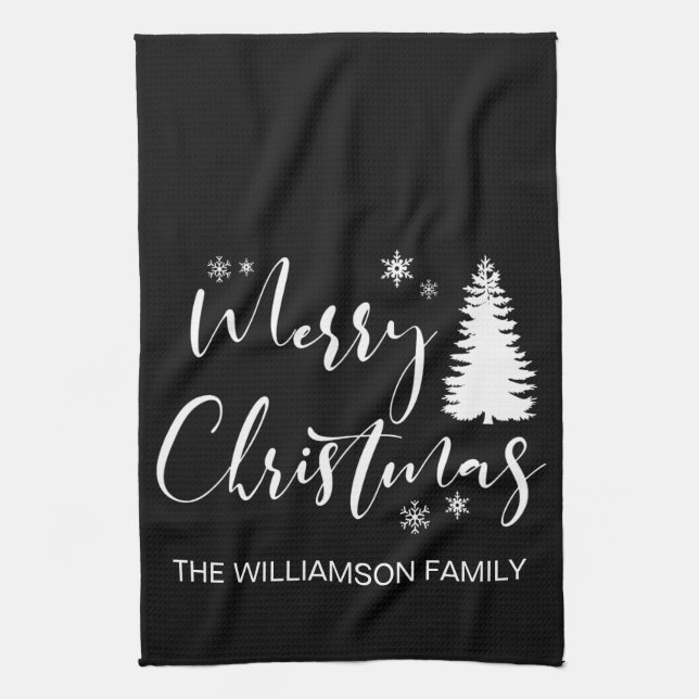 Modern Custom White Black Tree Merry Christmas Kitchen Towel (Vertical)