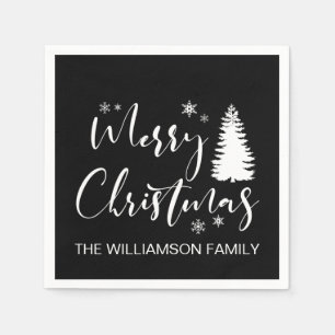 Modern Custom White Black Tree Merry Christmas Napkins
