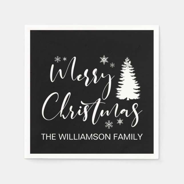 Modern Custom White Black Tree Merry Christmas Napkins (Front)