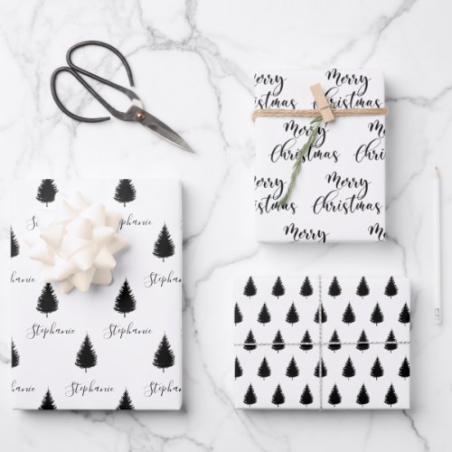 Modern Custom White Black Tree Merry Christmas Wrapping Paper Sheets