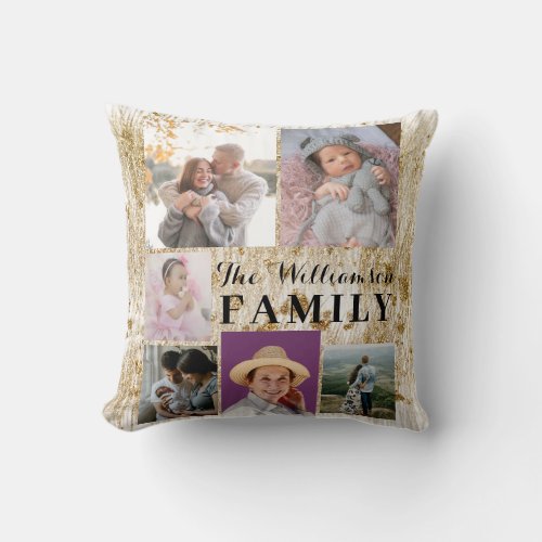 Modern Custom White Gold Family Photo Collage  Throw Pillow