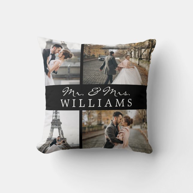 Modern Customizable 4 Photos Newlyweds Monogram Throw Pillow (Front)