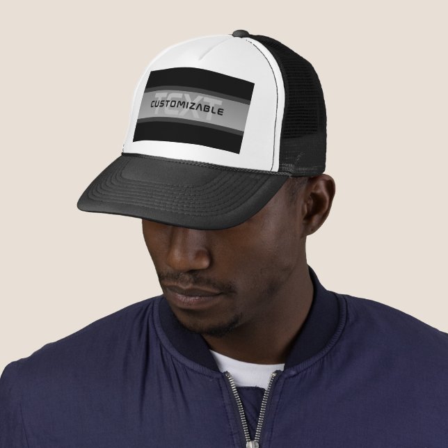 Modern Customizable Layered Text | Black & Grey Trucker Hat (In Situ)