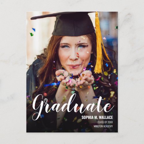 Modern Customizable Script Graduate Photo Announcement Postcard