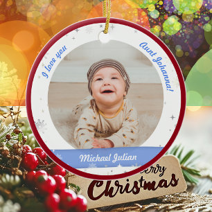 Modern Cute 2 Photos Baby Boy First Christmas Aunt Ceramic Ornament