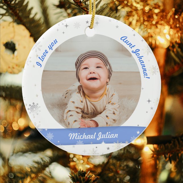 Modern Cute 2 Photos Baby Boy First Christmas Aunt Ceramic Ornament (Modern Elegant Cute My First Christmas Baby Boy I love you Aunt Name 2 Photos Snowflakes Stars)