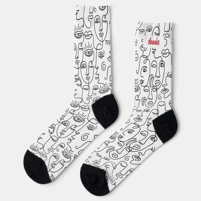 Modern Cute Abstract Black White Face Line Name Socks (Left)