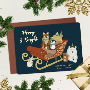Modern Cute Animal Friends and Sleigh Christmas Foil Holiday Card
